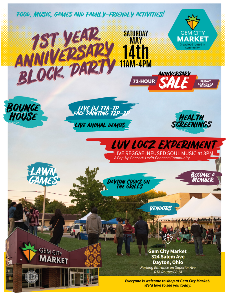 First Year anniversary block party and sale Saturday May fourteenth from eleven a.m. to 4 p.m. at our market three-twenty-four Salem Avenue